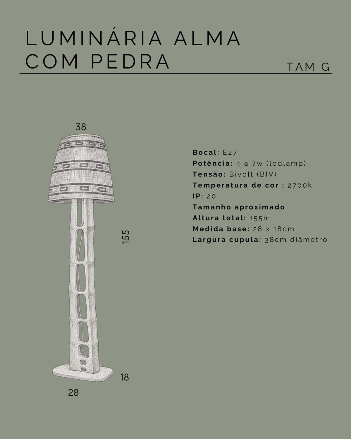Desenho técnico com as medidas da Luminária Alma com Pedra G