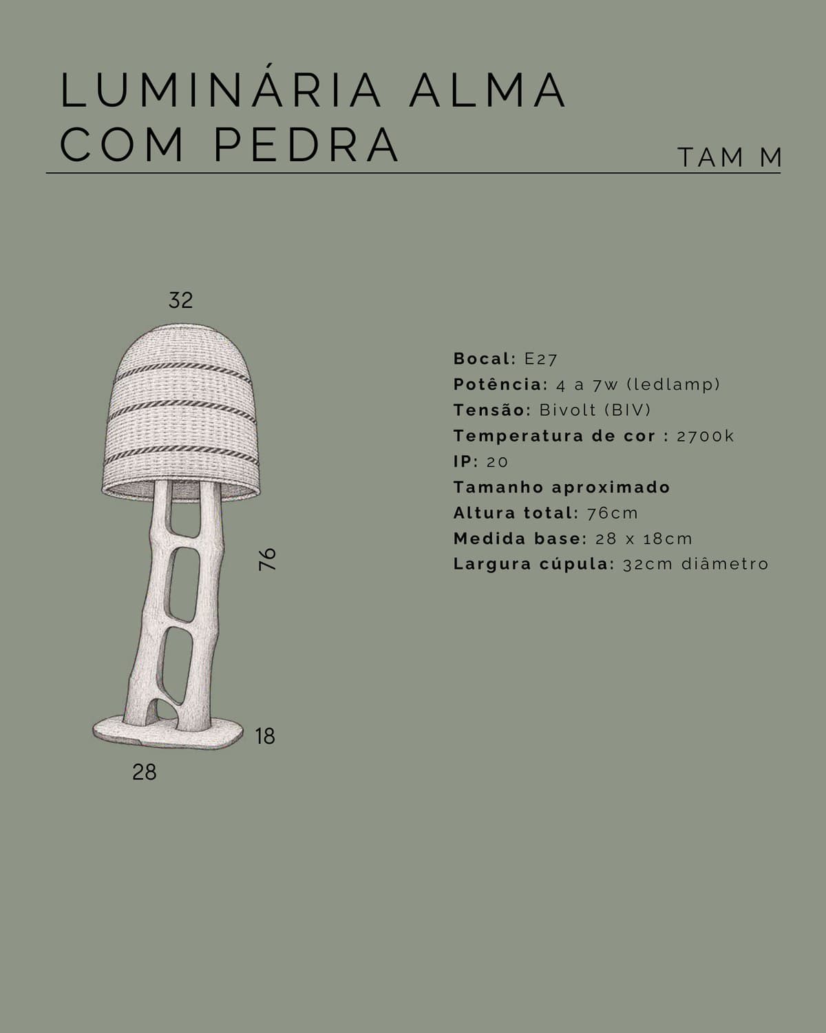 Desenho técnico com as medidas da Luminária Alma com Pedra M
