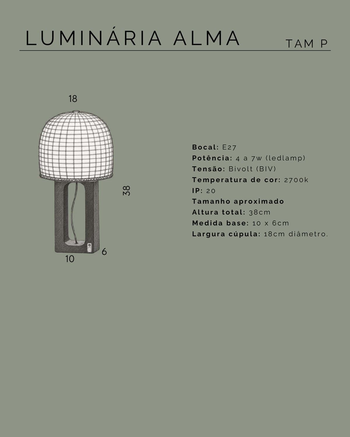 Desenho técnico com as medidas da Luminária Alma P