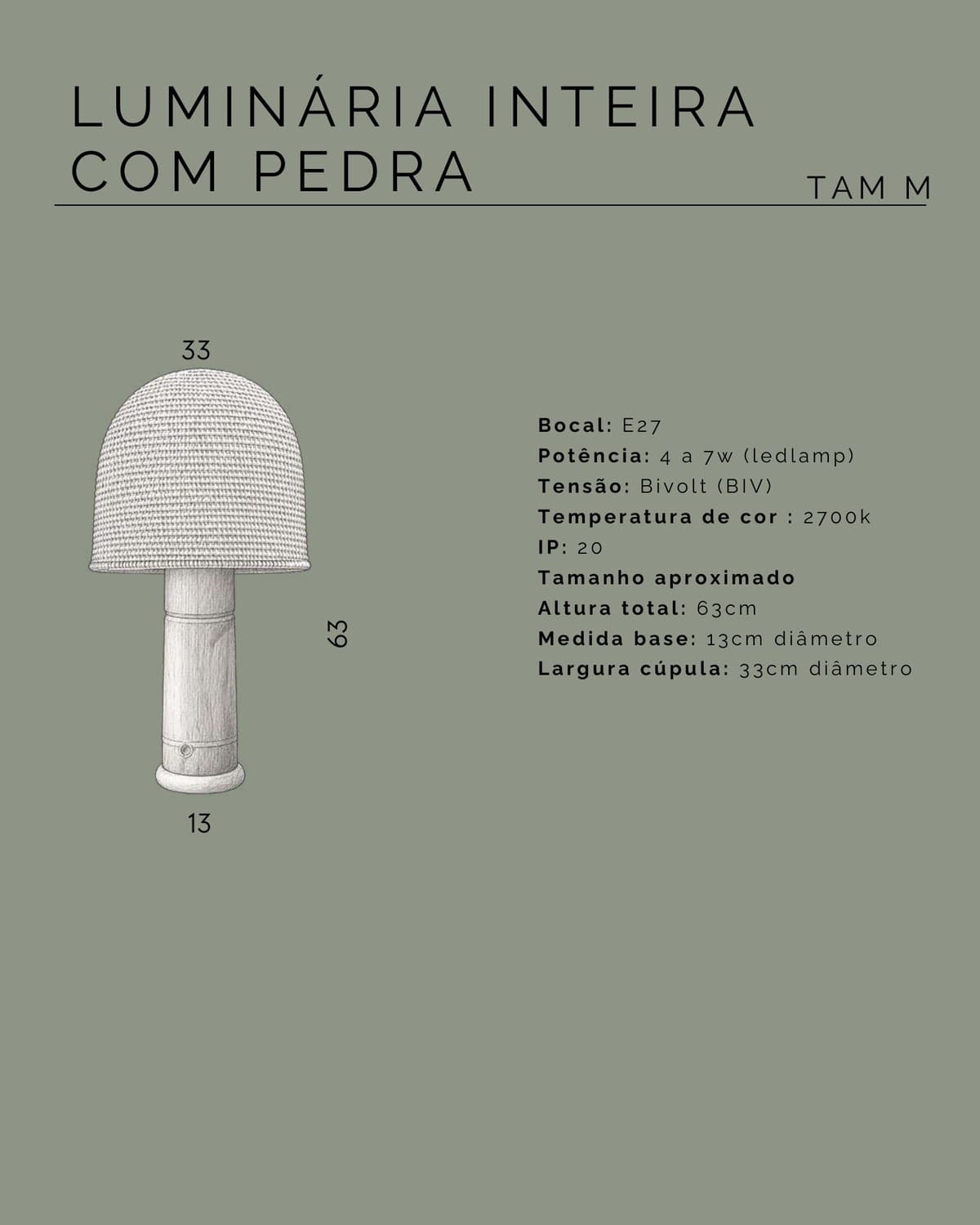 Desenho técnico com as medidas da Luminária Inteira Bambu com Pedra M